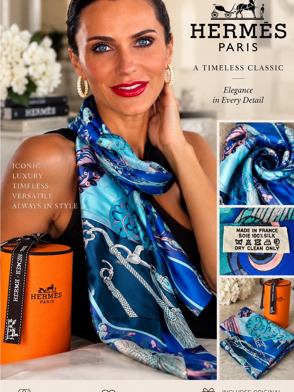 Hermès Silk Scarf in Teal, Navy & Pink Floral Equestrian Print